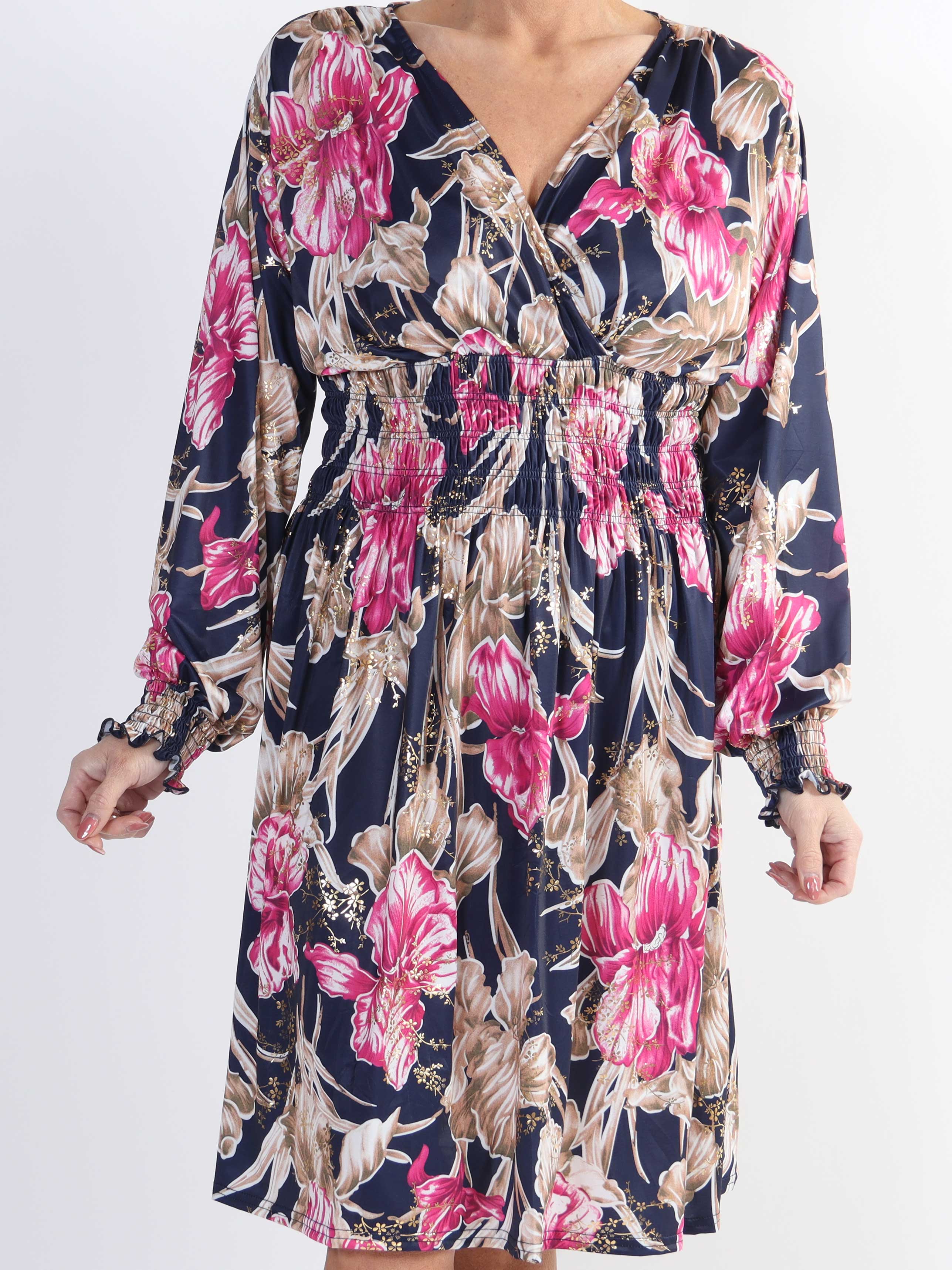 Pams Flower Short L/S - Elastisk mönstrad plus size-klänning i skrynkelfritt tyg